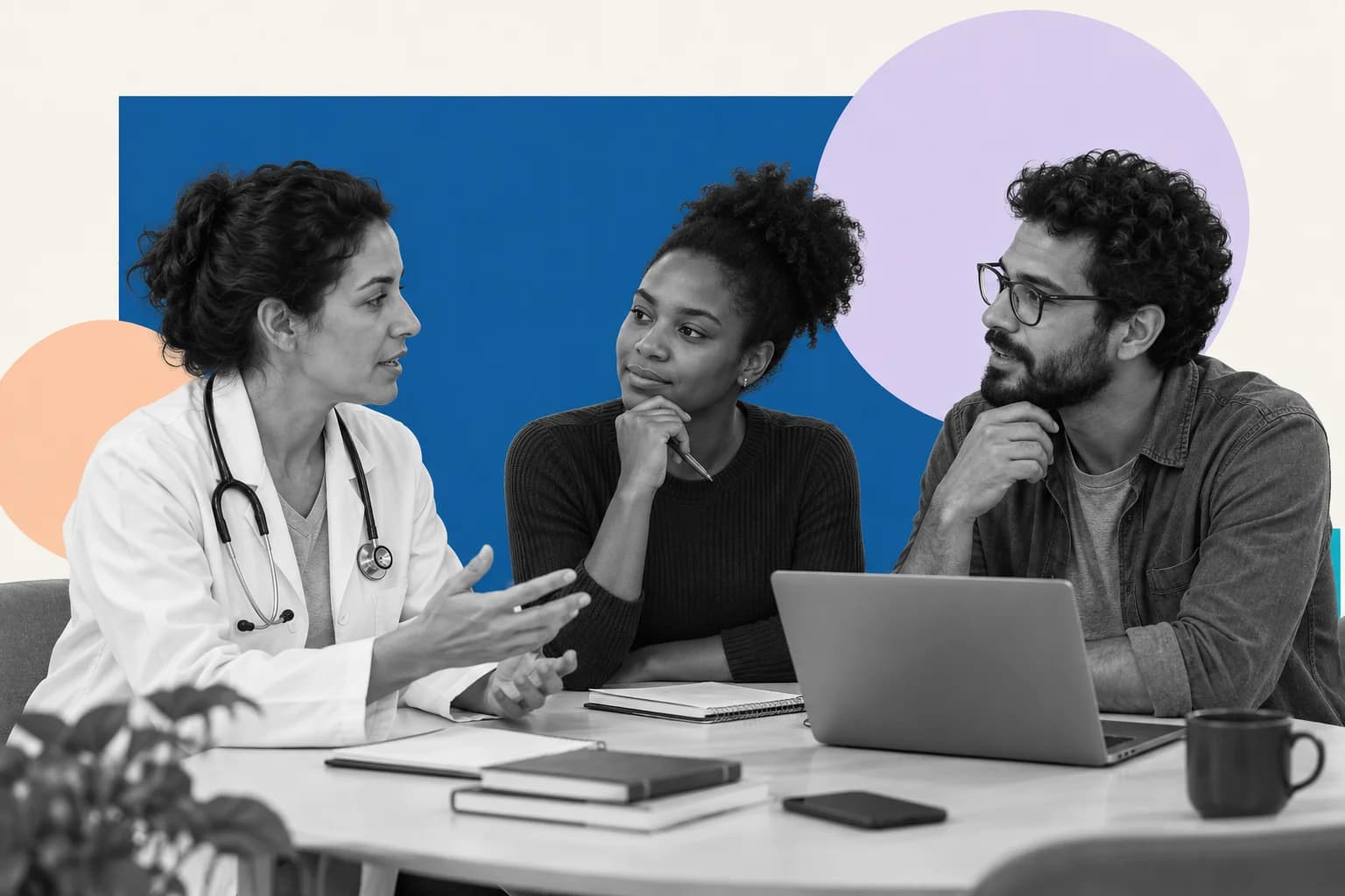 Colagem ilustrativa de pessoas de medicina, formação e tecnologia em uma conversa.